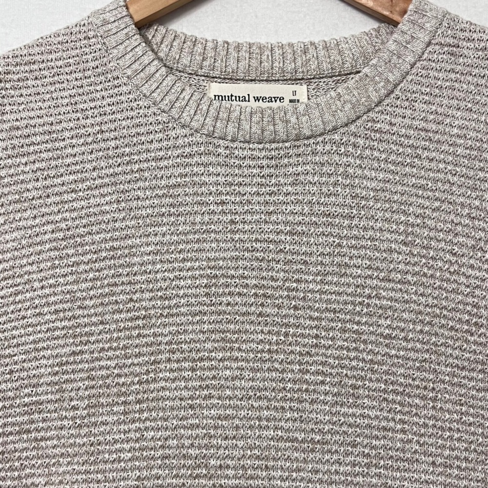 Men's Mutual Weave Crew Neck Long Sleeve Sweater LT Beige Neutral Cotton Casual - Picture 2 of 9